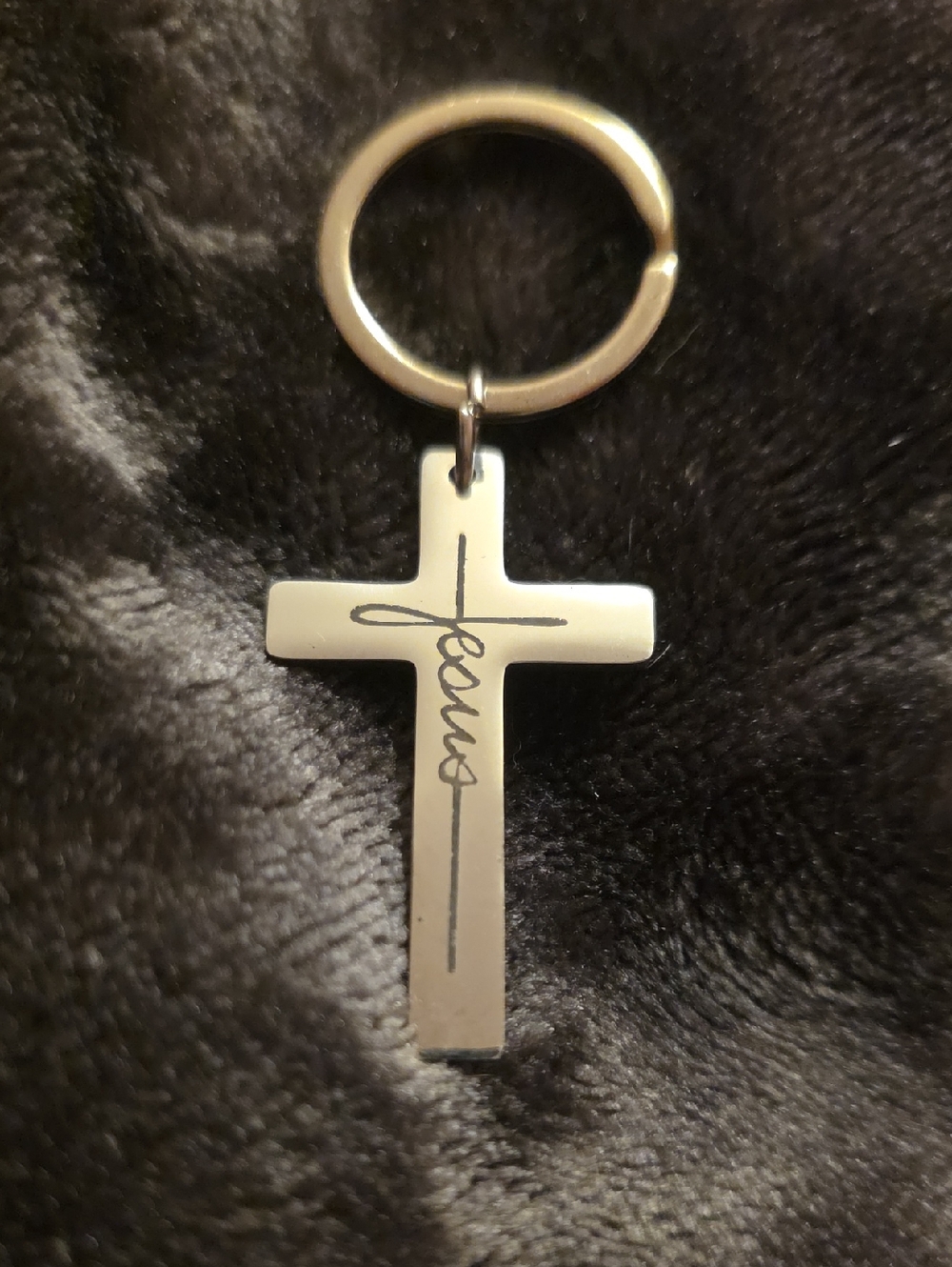Silver Cross Keychain with 'Jesus' Script